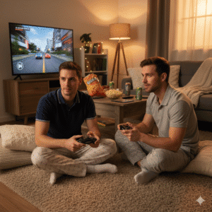 relaxing at home wearing polo pyjama